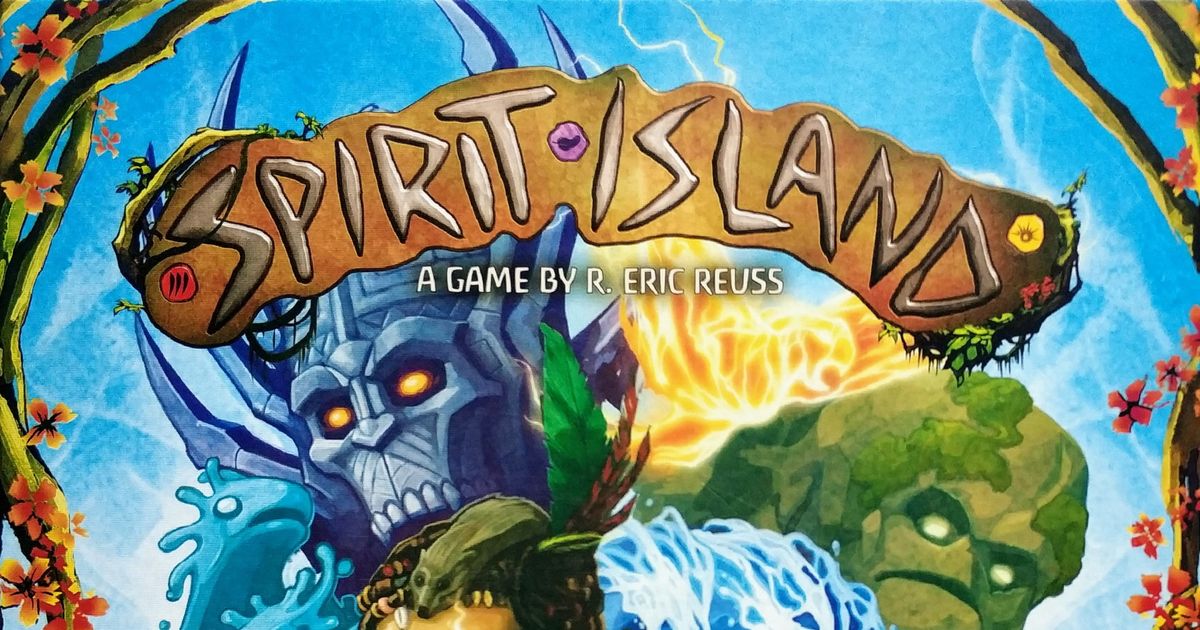 Box art for Spirit Island showing a personified nature spirit rising over a threatened island landscape